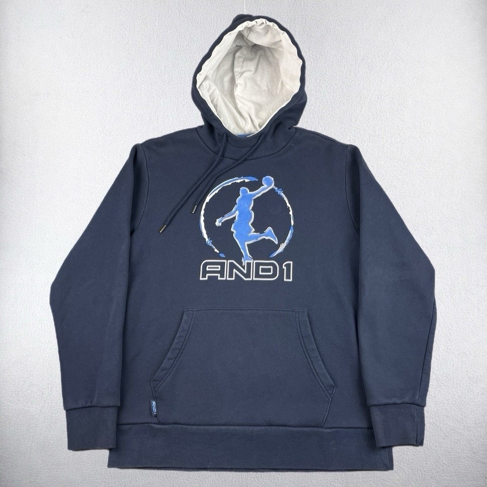 Vintage AND1 Hoodie Mens Medium Basketball Blue Logo Graphic Long Sleeve Y2K